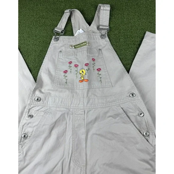 Vintage 1999 Warner Bros Tweety Bird Overalls Tan Wide Leg Carpenter Womens S - Picture 2 of 14